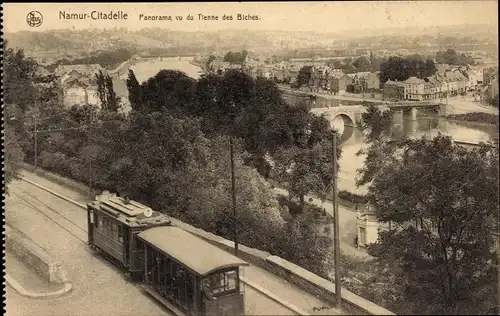 Ak Namur Wallonien, Namur Citadelle, Panorama vu du Tienne des Biches, tramway