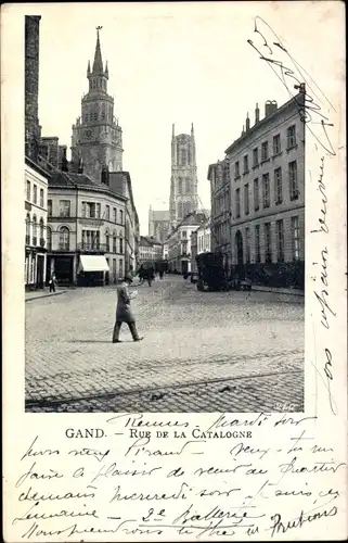 Ak Gand Ostflandern, Rue de la Catalogne, Beffroi