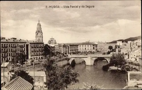 Ak Murcia Spanien, Vista parcial y rio Segura, Flusspartie, Brücke, Teilansicht