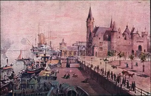 Künstler Ak Anvers Antwerpen Flandern, Le Debarcadere et le Steen