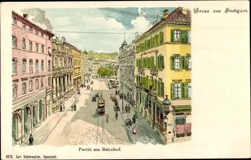 Litho Stuttgart am Neckar, Partie am Bahnhof