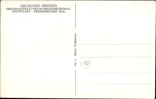 Ak Stuttgart Württemberg, Großgaststätten im Hindenburgbau, Inh. Gebr. Greiner