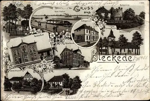 Litho Bleckede in Niedersachsen, Elbe Hafen, Amtsgericht, Bahnhof, Sparkasse, Landratsamt, Kirche