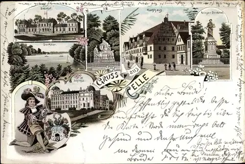 Litho Celle in Niedersachsen, Bahnhof, Rathaus, Schloss, Kriegerdenkmal