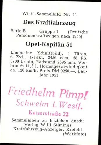 Sammelbild Das Kraftfahrzeug Nr. 11, Opel-Kapitän 51, Baujahr 1951