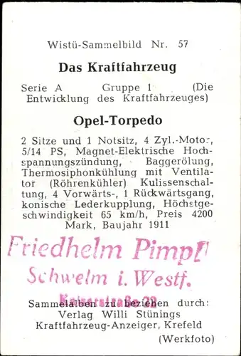 Sammelbild Das Kraftfahrzeug Nr. 57, Opel Torpedo, Baujahr 1911