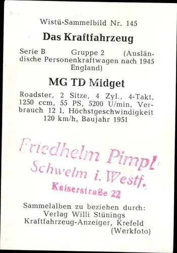 Sammelbild Das Kraftfahrzeug Nr. 145, MG TD Midget, Baujahr 1951
