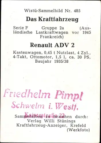 Sammelbild Das Kraftfahrzeug Nr. 485, Renault ADV 2, Baujahr 1937/38