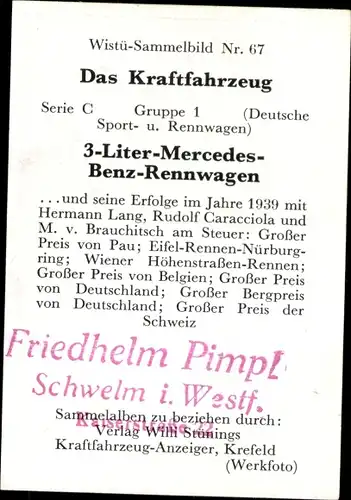 Sammelbild Das Kraftfahrzeug Nr. 67, 3-Liter-Mercedes-Benz-Rennwagen