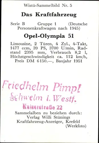 Sammelbild Das Kraftfahrzeug Nr. 5, Opel-Olympia 51, Baujahr 1951