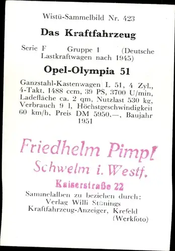 Sammelbild Das Kraftfahrzeug Nr. 423, Opel-Olympia 51, Baujahr 1951