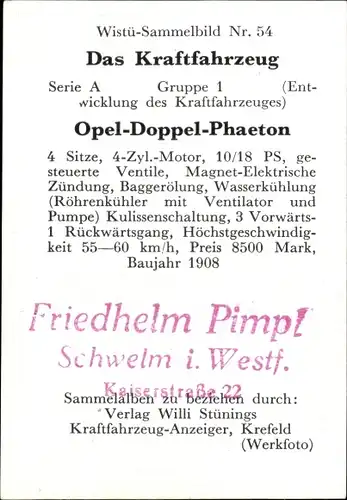 Sammelbild Das Kraftfahrzeug Nr. 54, Opel-Doppel-Phaeton, Baujahr 1908