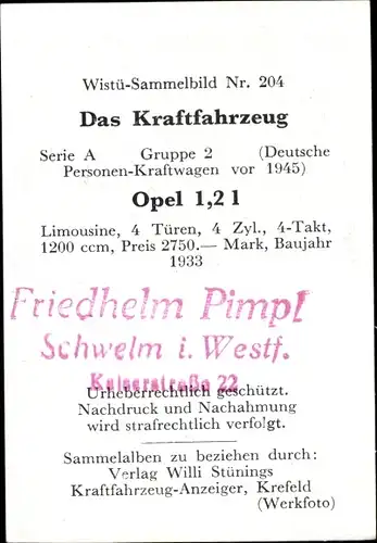 Sammelbild Das Kraftfahrzeug Nr. 204, Opel 1,2l, Baujahr 1933