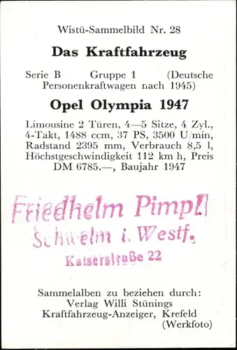 Sammelbild Das Kraftfahrzeug Nr. 28, Opel Olympia 1947, Baujahr 1947