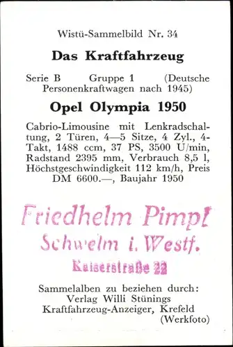 Sammelbild Das Kraftfahrzeug Nr. 34, Opel Olympia 1950, Baujahr 1950