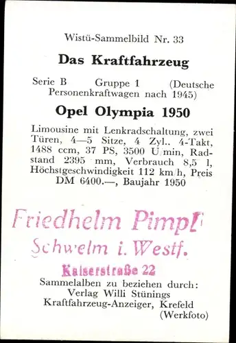 Sammelbild Das Kraftfahrzeug Nr. 33, Opel Olympia 1950, Baujahr 1950