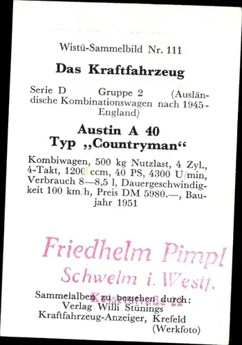 Sammelbild Das Kraftfahrzeug Nr. 111, Austin A40 Typ Countryman, Baujahr 1951