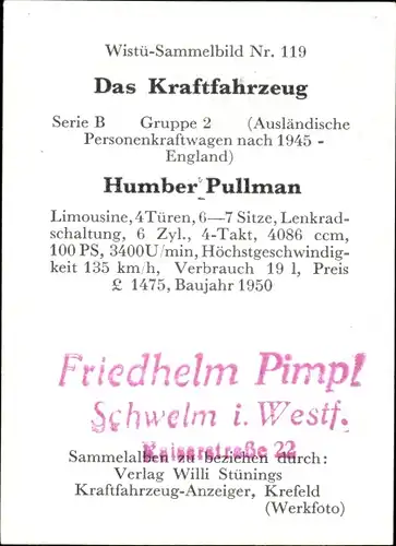 Sammelbild Das Kraftfahrzeug Nr. 119, Humber Pullman, Baujahr 1950