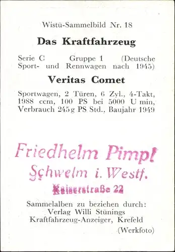 Sammelbild Das Kraftfahrzeug Nr. 18, Veritas Comet, Baujahr 1949