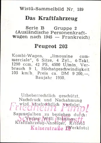 Sammelbild Das Kraftfahrzeug Nr. 189, Peugeot 203, Baujahr 1950