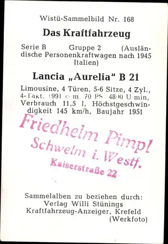 Sammelbild Das Kraftfahrzeug Nr. 168, Lancia Aurelia B21, Baujahr 1951