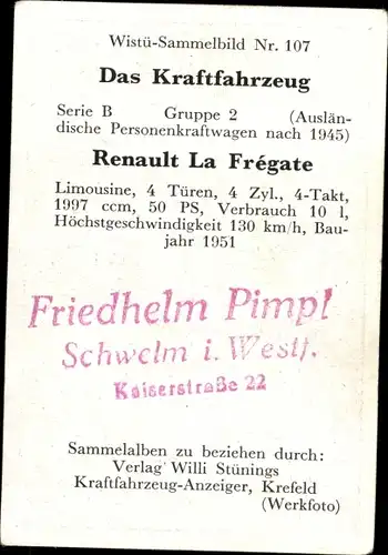 Sammelbild Das Kraftfahrzeug Nr. 107, Renault La Fregate, Baujahr 1951