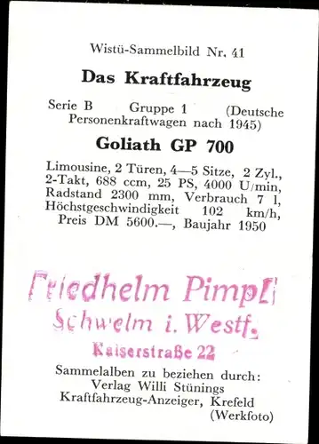 Sammelbild Das Kraftfahrzeug Nr. 41, Goliath GP 700, Baujahr 1950