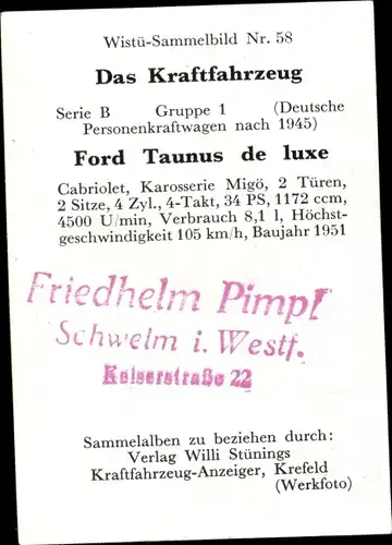 Sammelbild Das Kraftfahrzeug Nr. 58, Ford Taunus de luxe, Baujahr 1951