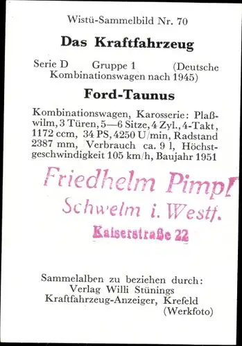 Sammelbild Das Kraftfahrzeug Nr. 70, Ford Taunus, Baujahr 1951