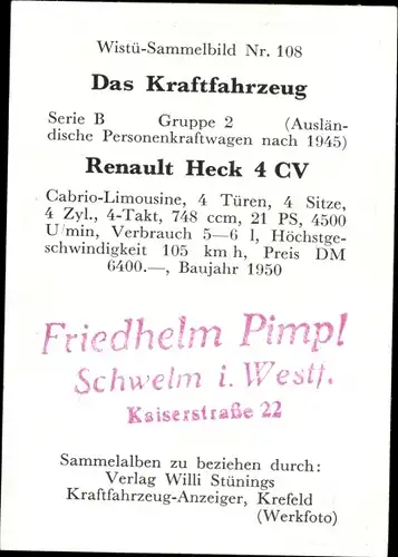 Sammelbild Das Kraftfahrzeug Nr. 108, Renault Heck 4CV, Baujahr 1950