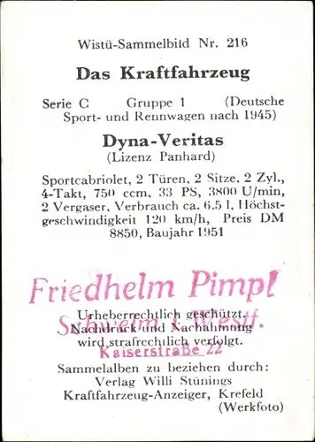 Sammelbild Das Kraftfahrzeug Nr. 216, Dyna-Veritas, Baujahr 1951