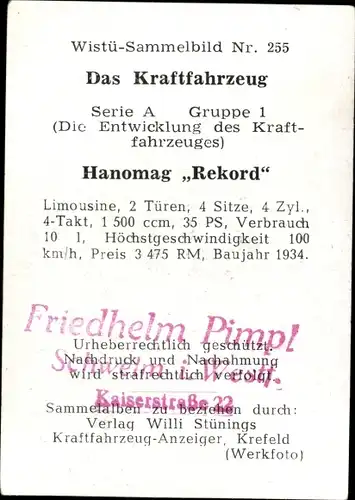 Sammelbild Das Kraftfahrzeug Nr. 255, Hanomag Rekord, Baujahr 1934