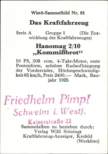 Sammelbild Das Kraftfahrzeug Nr. 81, Hanomag 2/10 Kommißbrot, Baujahr 1925