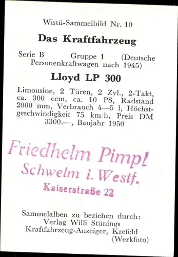 Sammelbild Das Kraftfahrzeug Nr. 10, Lloyd LP 300, Baujahr 1950