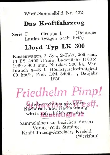 Sammelbild Das Kraftfahrzeug Nr. 422, Lloyd Typ LK 300, Baujahr 1950