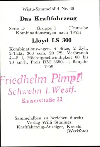 Sammelbild Das Kraftfahrzeug Nr. 69, Lloyd LS 300, Baujahr 1950