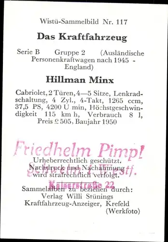 Sammelbild Das Kraftfahrzeug Nr. 117, Hillman Minx, Baujahr 1950