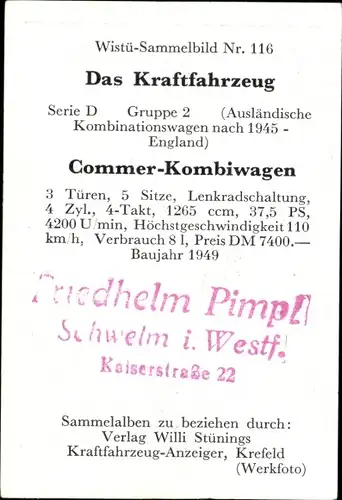 Sammelbild Das Kraftfahrzeug Nr. 116, Commer-Kombiwagen, Baujahr 1949