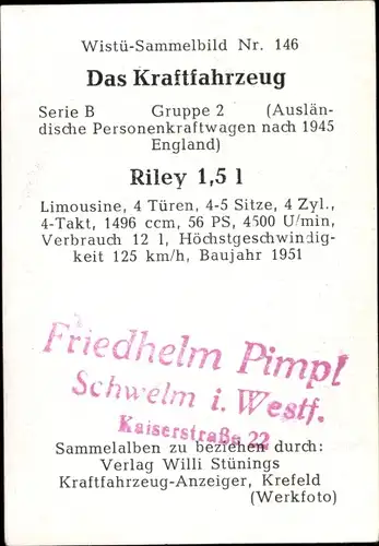 Sammelbild Das Kraftfahrzeug Nr. 146, Riley 1,5l, Baujahr 1951