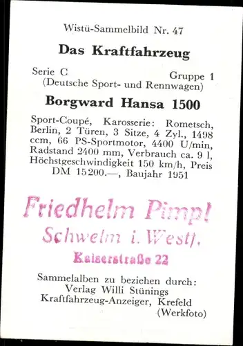 Sammelbild Das Kraftfahrzeug Nr. 47, Borgward Hansa 1500, Baujahr 1951