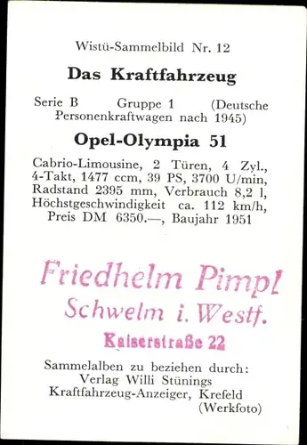 Sammelbild Das Kraftfahrzeug Nr. 12, Opel-Olympia 51, Baujahr 1951