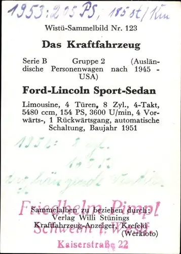 Sammelbild Das Kraftfahrzeug Nr. 123, Ford-Lincoln Sport-Sedan, Baujahr 1951
