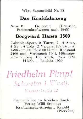 Sammelbild Das Kraftfahrzeug Nr. 38, Borgward Hansa 1500, Baujahr 1950