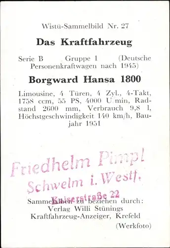 Sammelbild Das Kraftfahrzeug Nr. 27, Borgward Hansa 1800, Baujahr 1951