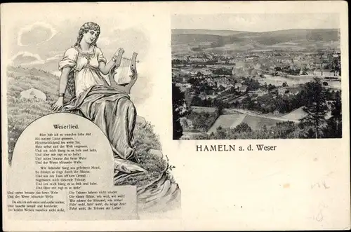 Passepartout Ak Hameln an der Weser Niedersachsen, Panorama, Weserlied