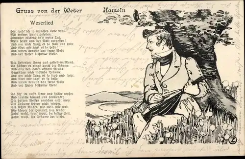 Künstler Ak Hameln an der Weser Niedersachsen, Wanderer mit Laute, Weserlied