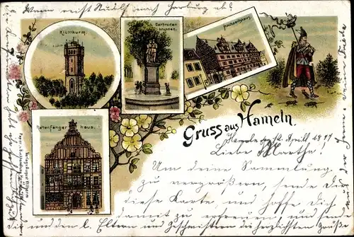 Litho Hameln an der Weser, Klütthurm, Gertrudenbrunnen, Hochzeitshaus, Rattenfängerhaus