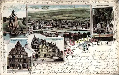 Litho Hameln in Niedersachsen, Rattenfänger, Hochzeitshaus, Gertrudenbrunnen
