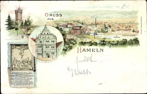 Litho Hameln in Niedersachsen, Klütturm, Rattenfängerhaus, Panorama