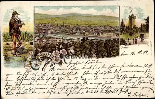 Litho Hameln in Niedersachsen, Klütturm, Rattenfänger, Panorama